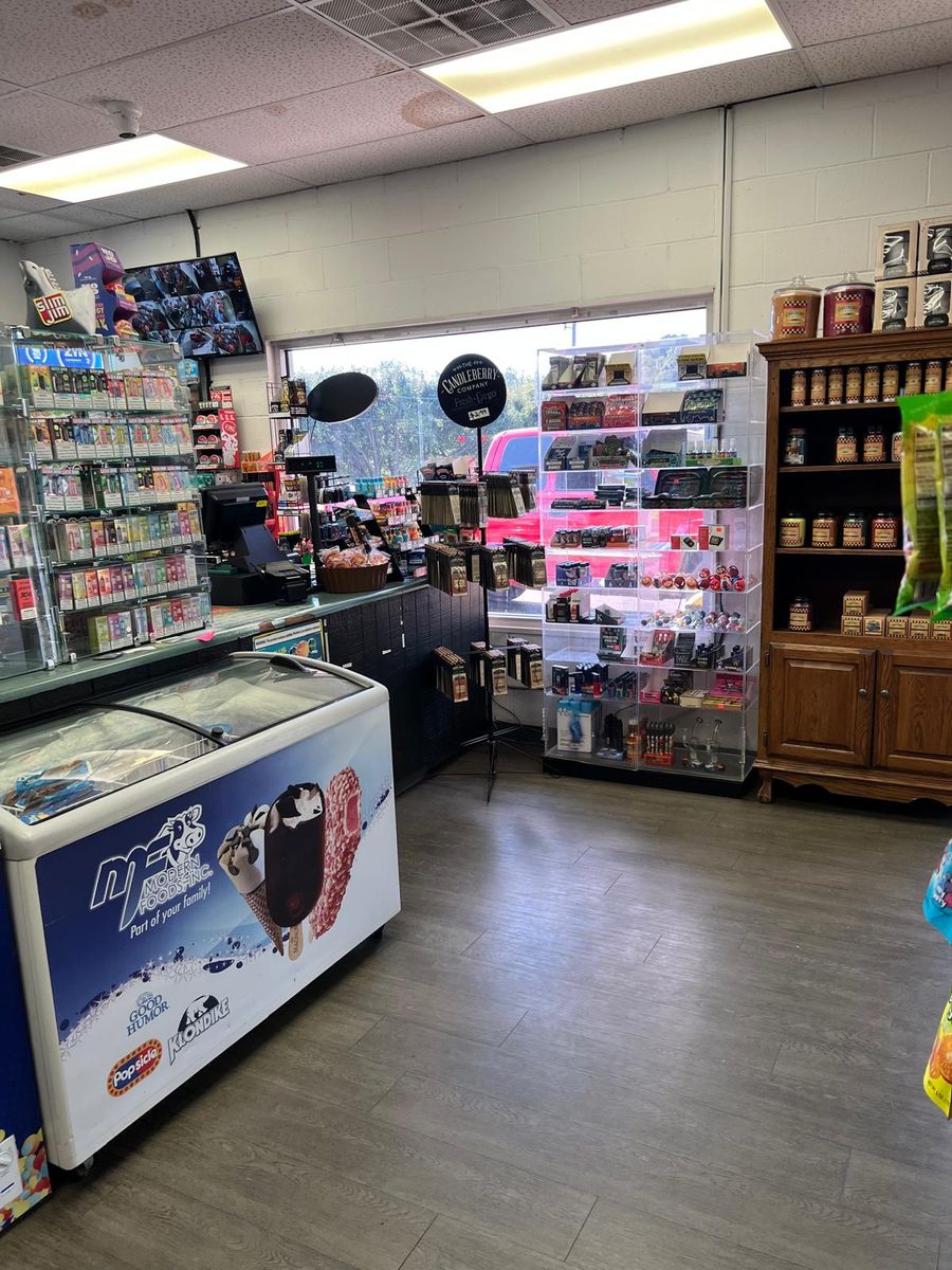 Checkout counter beside the ice cream freezer